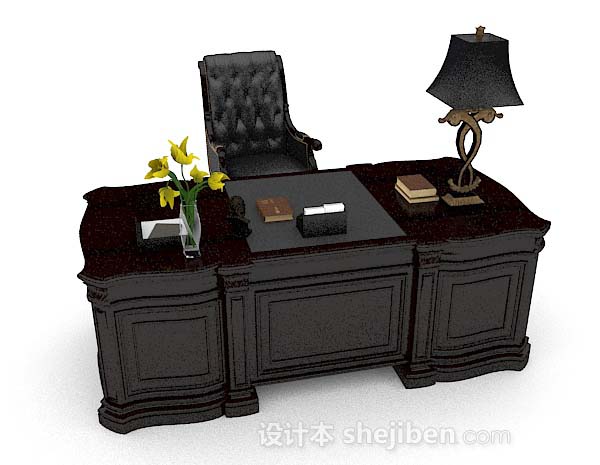 免费黑色书房桌椅3d模型下载