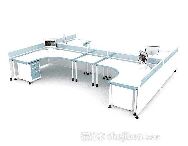蓝白色简约多人办公桌3d模型下载