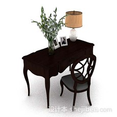 欧式简约木质棕色书桌椅3d模型下载