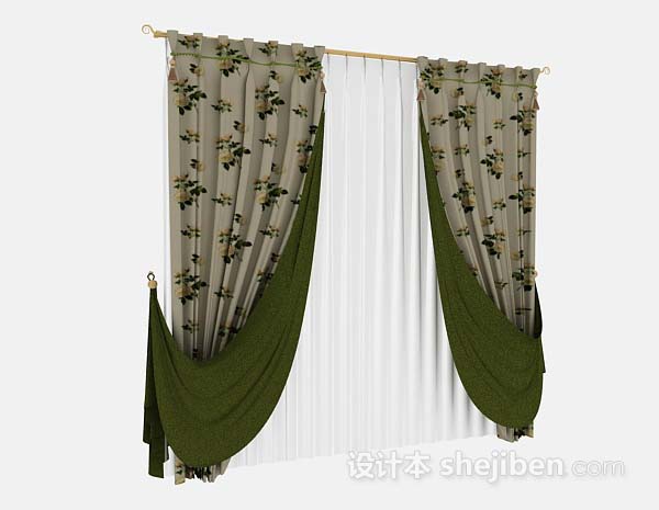 现代风格绿色双层花朵窗帘3d模型下载