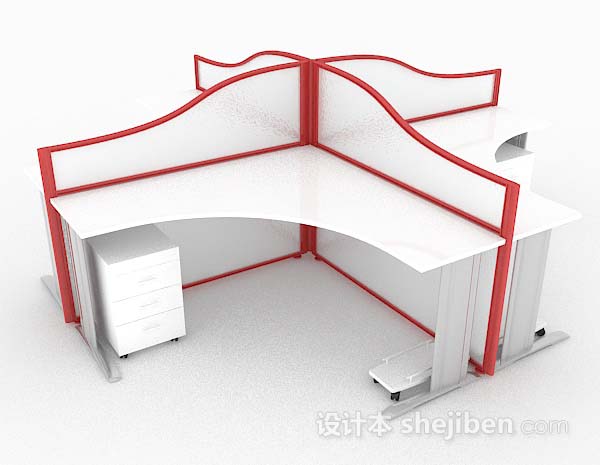 设计本白色红边四人办公桌3d模型下载