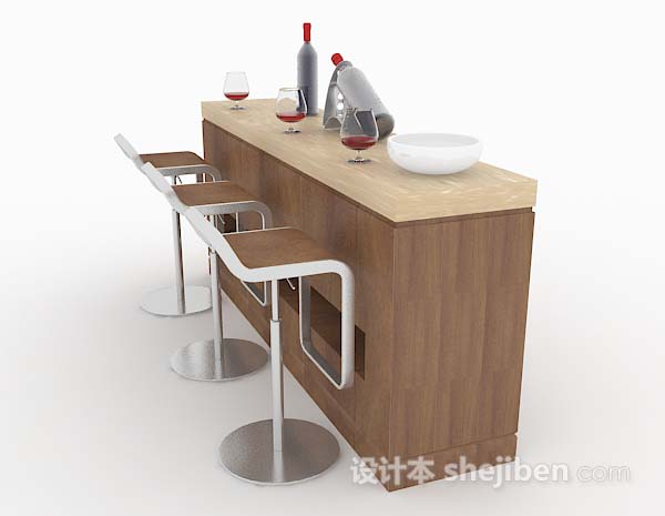 免费棕色木质吧台桌椅组合3d模型下载