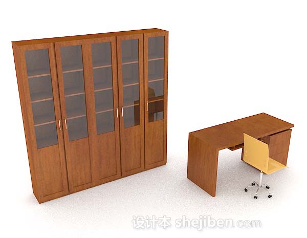 黄棕色书房桌柜组合3d模型下载