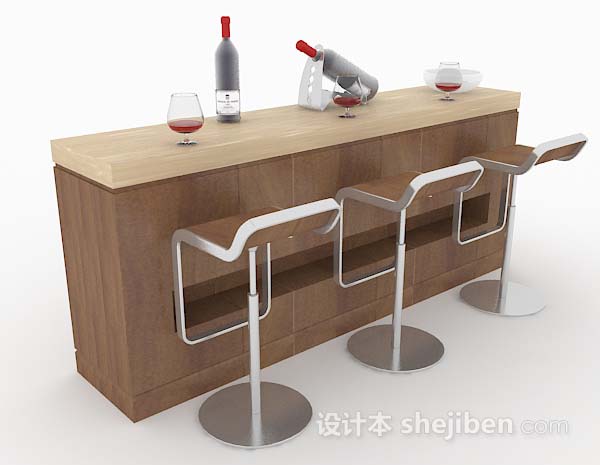 棕色木质吧台桌椅组合3d模型下载