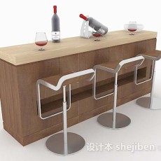 棕色木质吧台桌椅组合3d模型下载