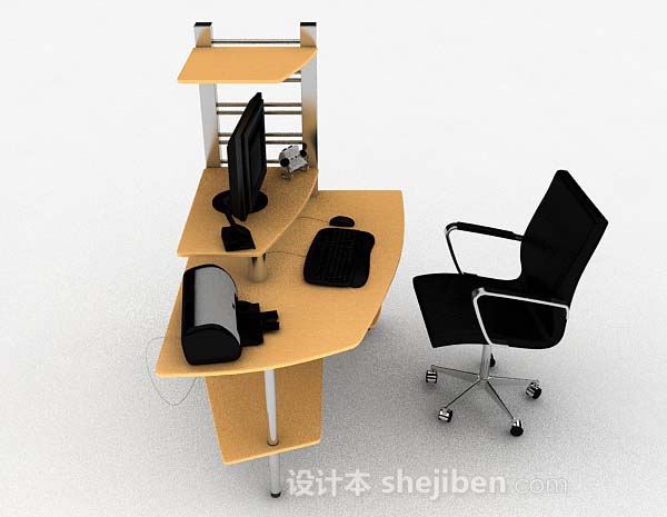 设计本黄色木质办公桌椅3d模型下载