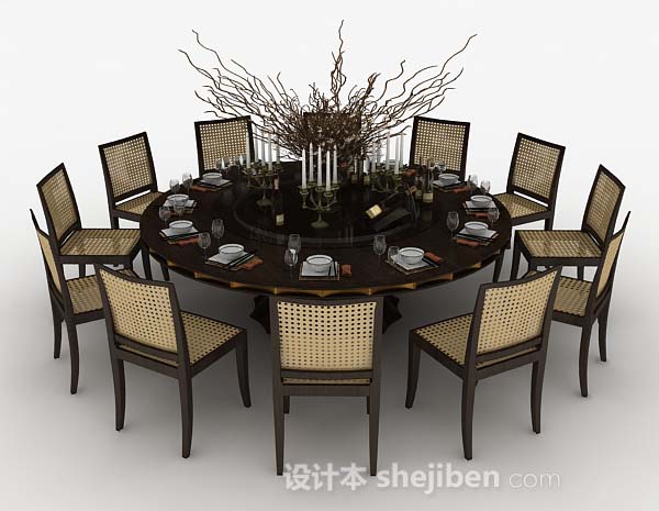 现代风格棕色木质圆形餐桌3d模型下载