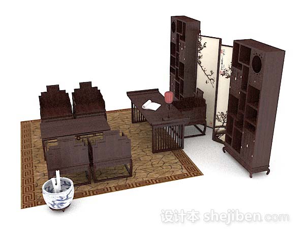 免费中式复古木质棕色桌椅组合3d模型下载