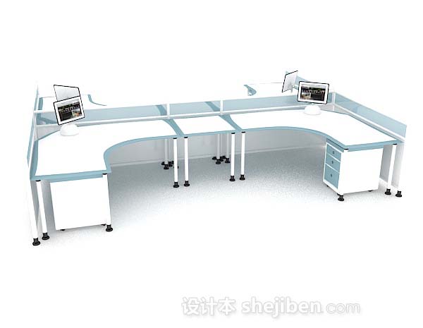 设计本蓝白色简约多人办公桌3d模型下载