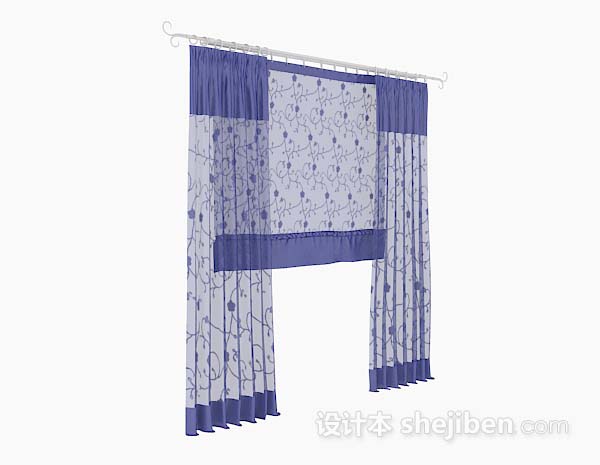 现代风格蓝色花纹纱质窗帘3d模型下载