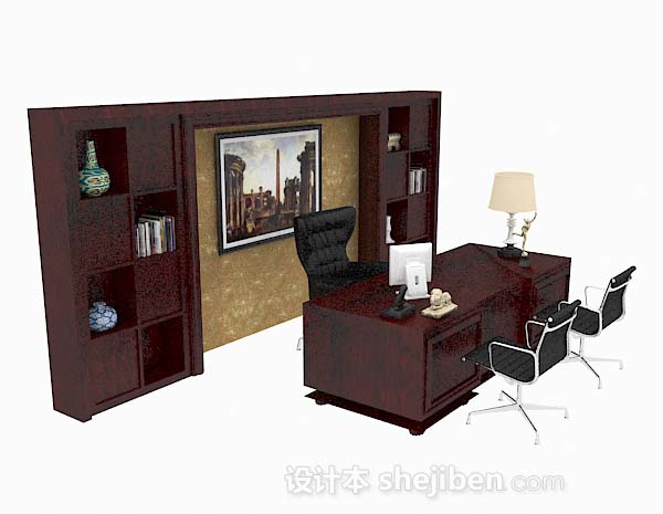 深棕色木质高档书桌椅3d模型下载