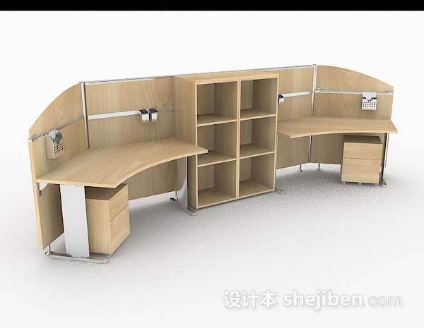 浅棕色木质双人办公桌3d模型下载