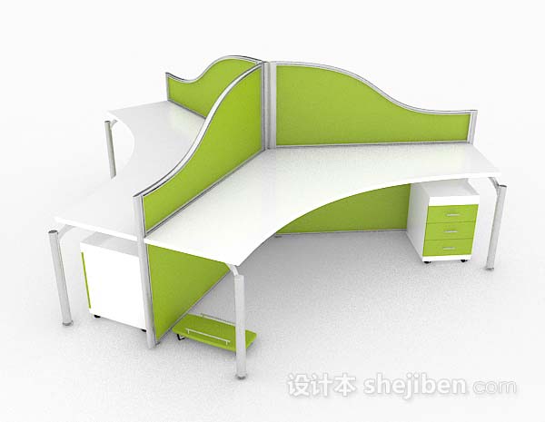 绿色三人办公桌子3d模型下载