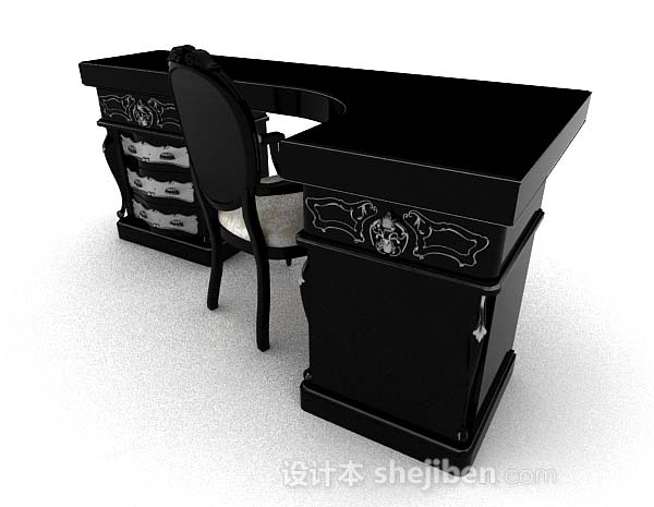 欧式黑色书房桌椅组合3d模型下载