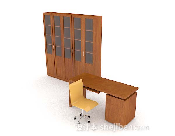 现代风格黄棕色书房桌柜组合3d模型下载