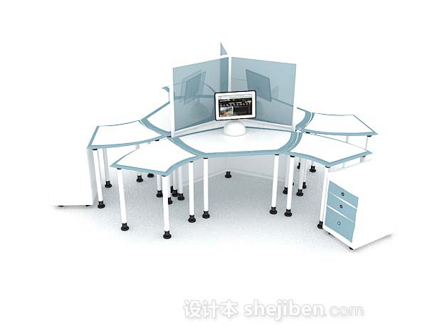 现代风格蓝白多人办公桌3d模型下载