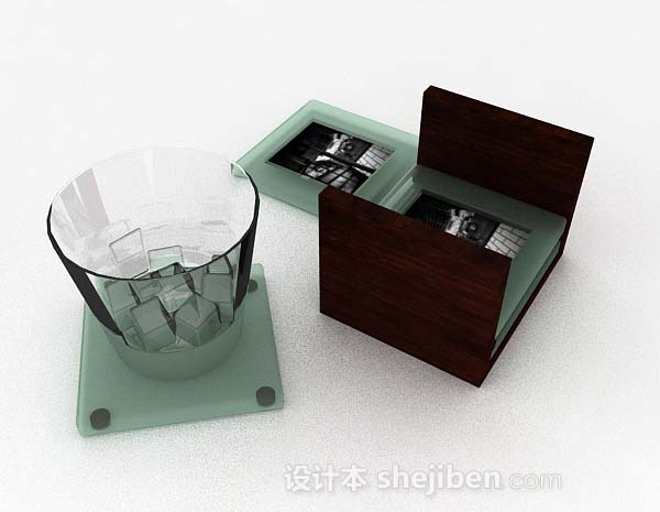 设计本绿色玻璃杯子和杯垫3d模型下载
