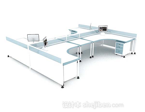免费蓝白色简约多人办公桌3d模型下载