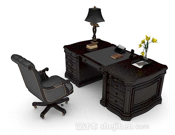 黑色书房桌椅3d模型下载