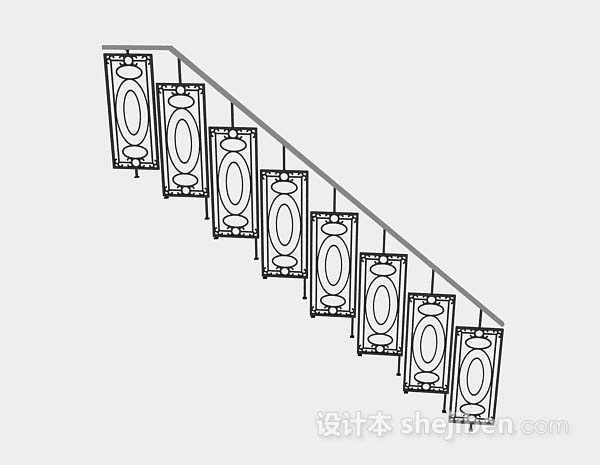 中式风格中式黑色铁艺楼梯栏杆3d模型下载