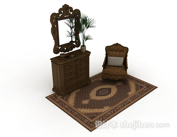 欧式复古棕色木质厅柜3d模型下载