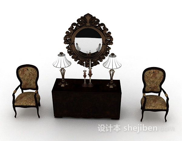 欧式风格欧式木质棕色桌椅组合3d模型下载