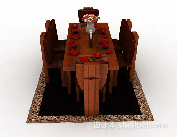 日式风格日式棕色木质餐桌椅3d模型下载