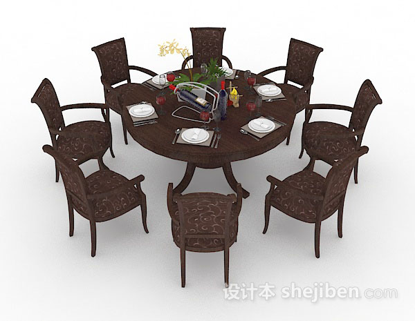圆形木质棕色餐桌椅3d模型下载