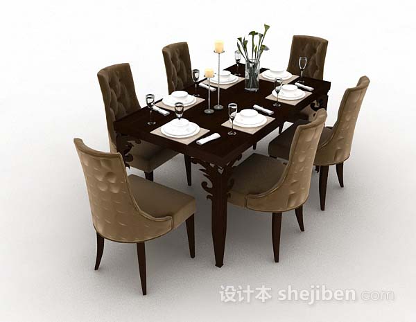 欧式风格欧式棕色木质餐桌椅3d模型下载