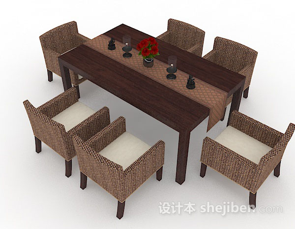 免费棕色木质简约餐桌椅3d模型下载
