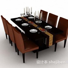 欧式简约棕色木质餐桌椅3d模型下载