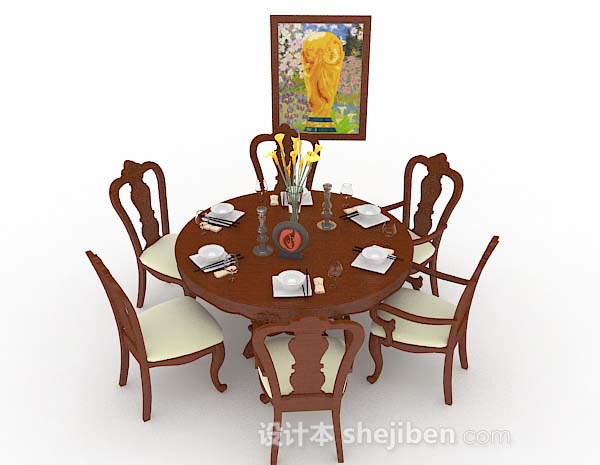 现代风格圆形棕色木质餐桌椅3d模型下载
