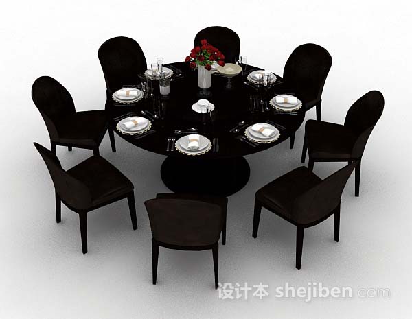 现代风格深棕色圆形餐桌椅3d模型下载