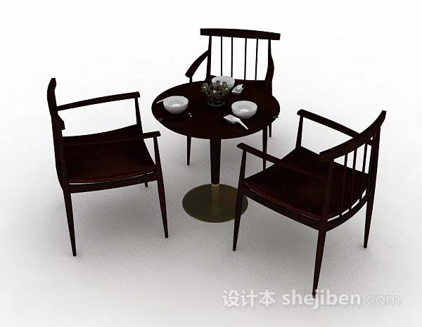 棕色简单木质餐桌椅3d模型下载