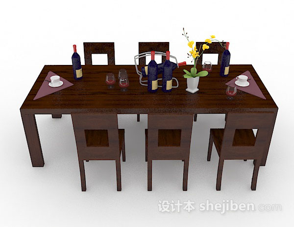 现代风格深棕色木质餐桌椅3d模型下载