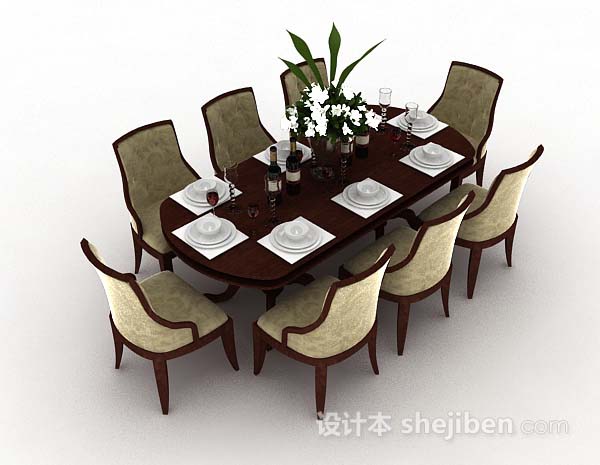 椭圆形木质棕色餐桌椅