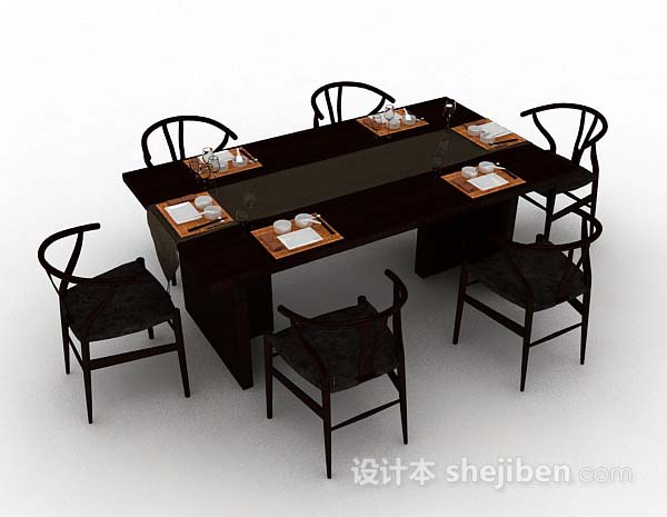中式木质棕色餐桌椅3d模型下载