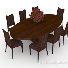 椭圆形棕色木质餐桌椅3d模型下载