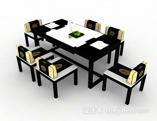 中式风格新中式木质餐桌椅3d模型下载