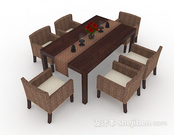 棕色木质简约餐桌椅3d模型下载