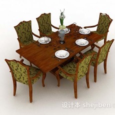 绿色木质餐桌椅3d模型下载