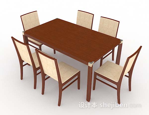 棕色简约木质餐桌椅3d模型下载