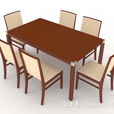 棕色简约木质餐桌椅3d模型下载