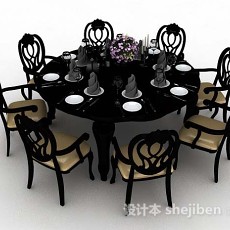 黑色圆形餐桌椅3d模型下载