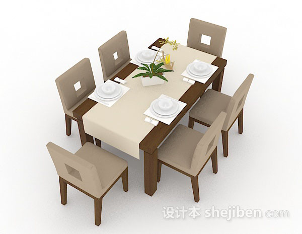浅棕色木质餐桌椅3d模型下载