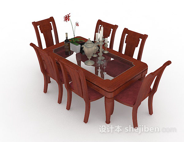 免费棕色木质餐桌椅3d模型下载