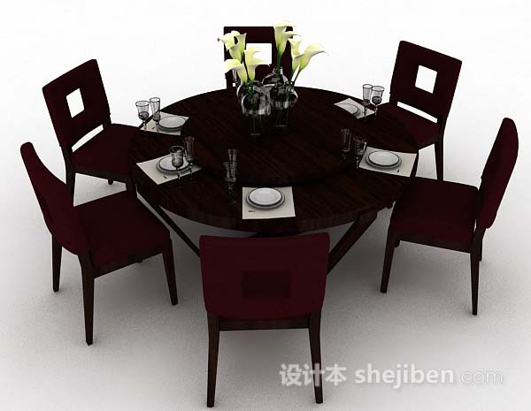 设计本圆形木质餐桌椅3d模型下载