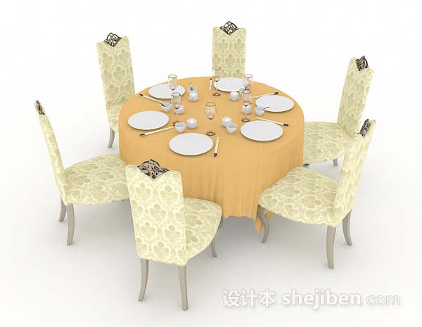 设计本黄色圆形餐桌椅3d模型下载