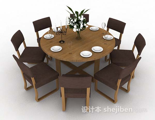 现代风格棕色木质圆形餐桌椅3d模型下载