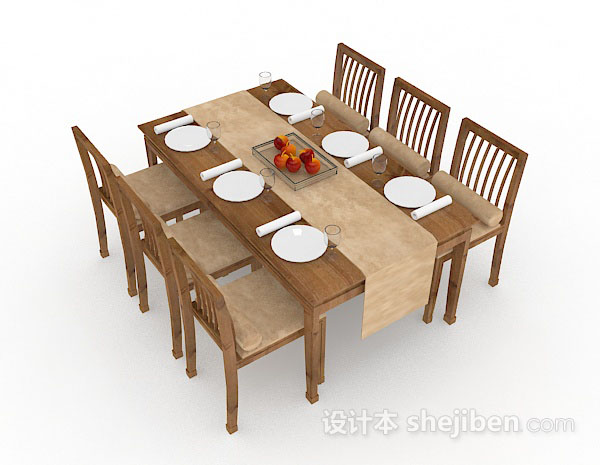 木质简单餐桌椅组合3d模型下载